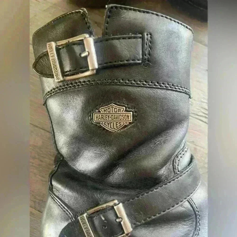 Harley Davidson Double Buckle Size Zip Y2K Black Motorcycle Boots Women's 7 - Picture 9 of 12